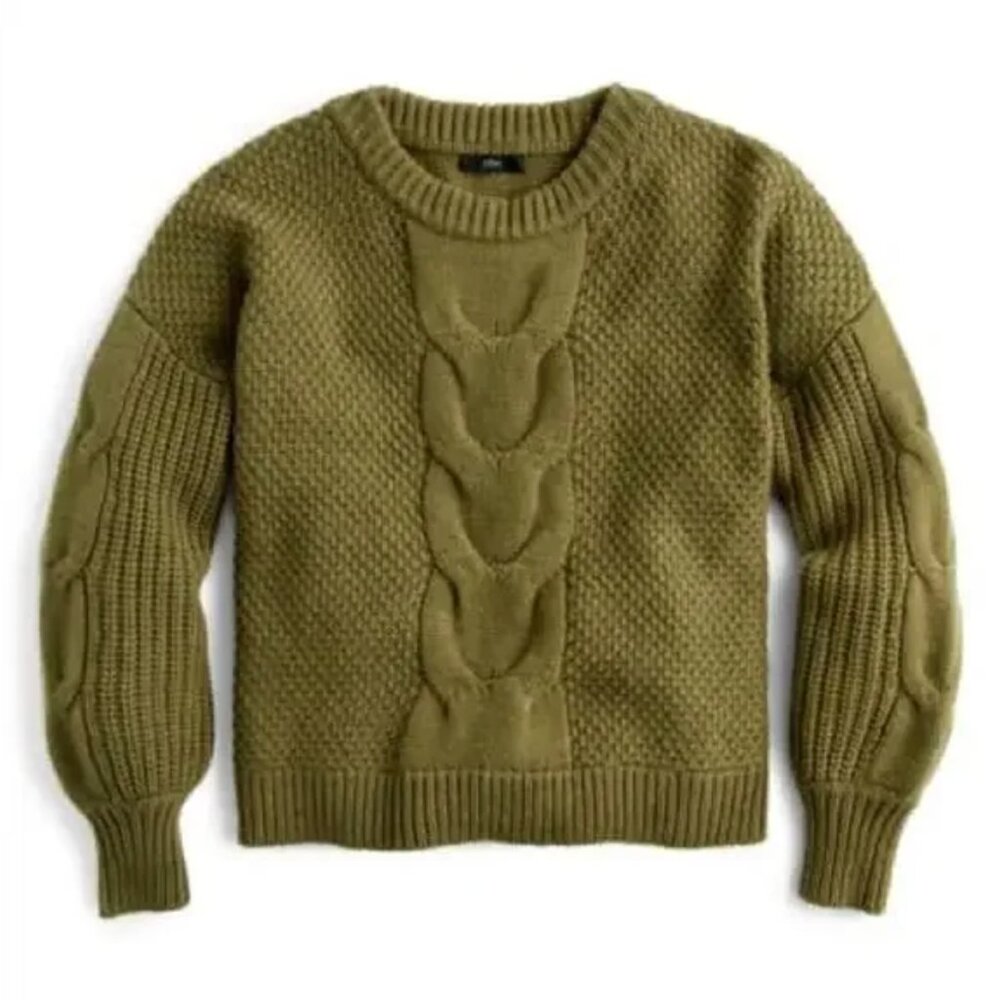 J. Crew Olive Green Wool Blend Cable Knit Balloon Sleeve Boxy Sweater sz XS